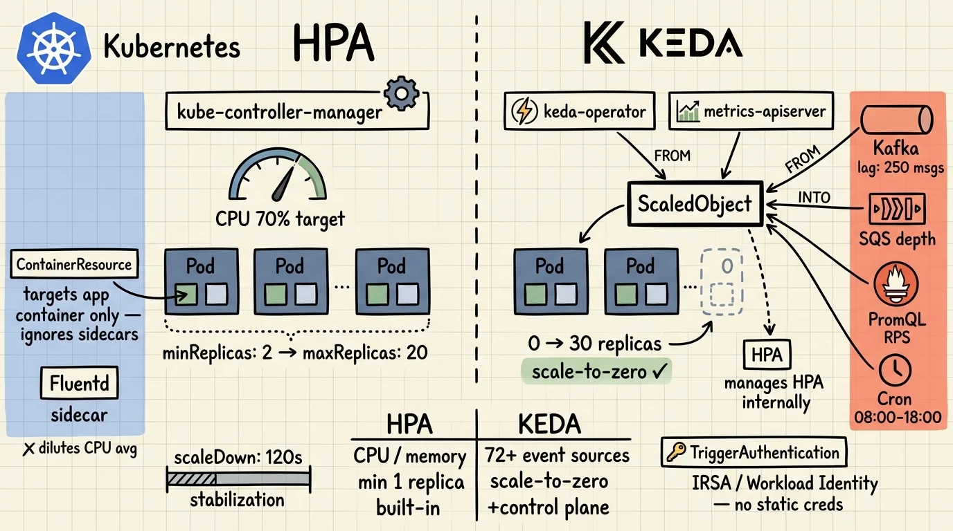 Hand-drawn whiteboard diagram comparing HPA and KEDA: left side shows kube-controller-manager with CPU gauge at 70%, pod scaling, ContainerResource annotations, and Fluentd sidecar; right side shows keda-operator with Kafka, SQS, PromQL, and Cron event sources, ScaledObject, and scale-to-zero pods managing HPA internally