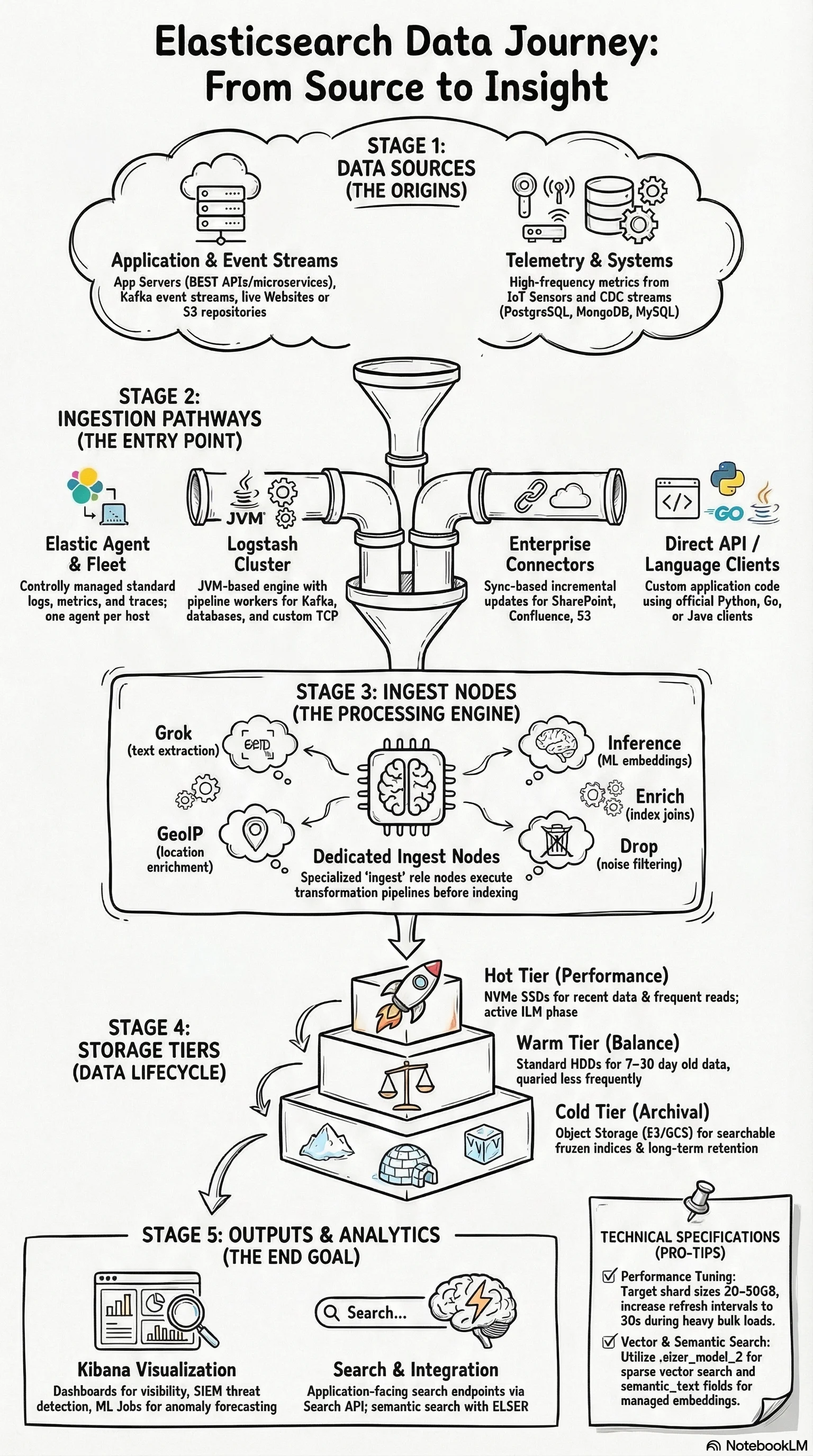 Hand-drawn sketch diagram showing the Elasticsearch data ingestion pipeline: data sources at top flowing through Elastic Agent, Logstash, Connectors, and Direct API into Ingest Nodes with pipeline processors, then into tiered data storage (Hot/Warm/Cold), and finally into Kibana dashboards, SIEM, and search interfaces